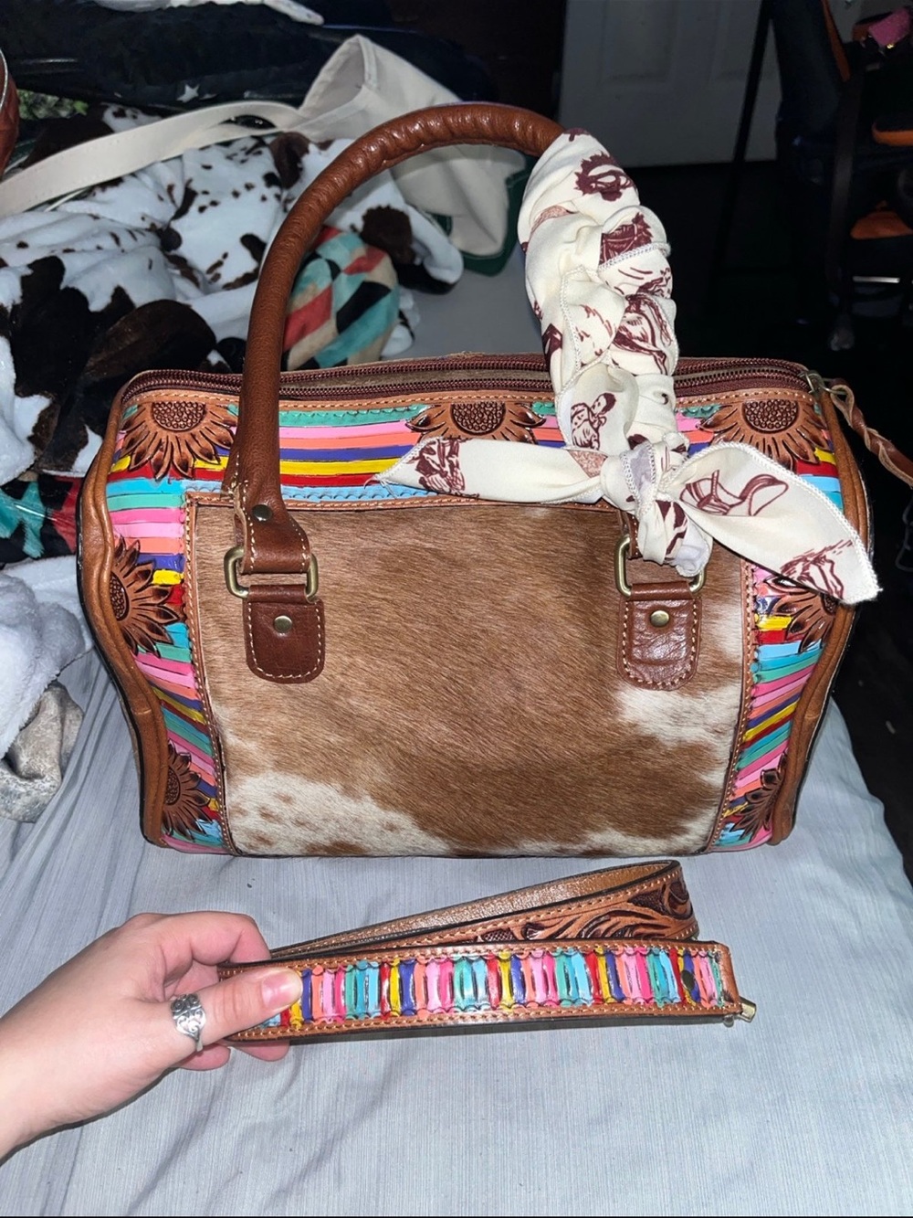 American Darling Multicolor Cowhide Satchel with Brown Leather Handles